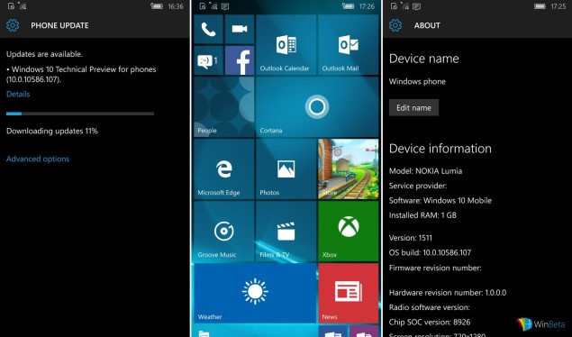 Windows 10 Mobile Preview build 10586.107