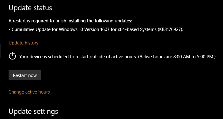 Update KB3176927 Build 14393.5 released for Slow ring, RP