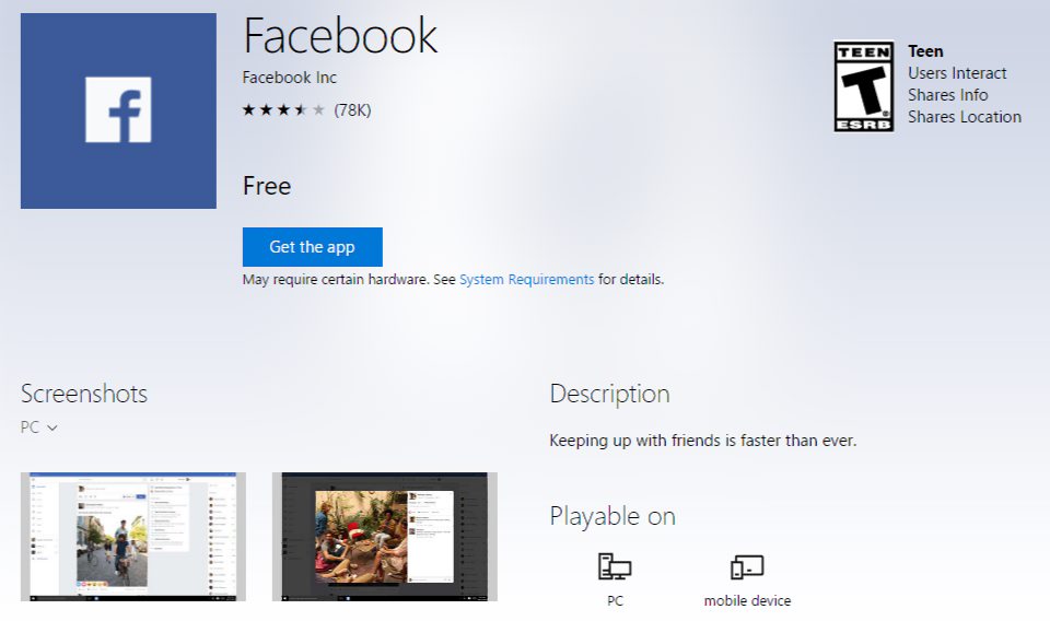 facebook app for Windows 10 mobile