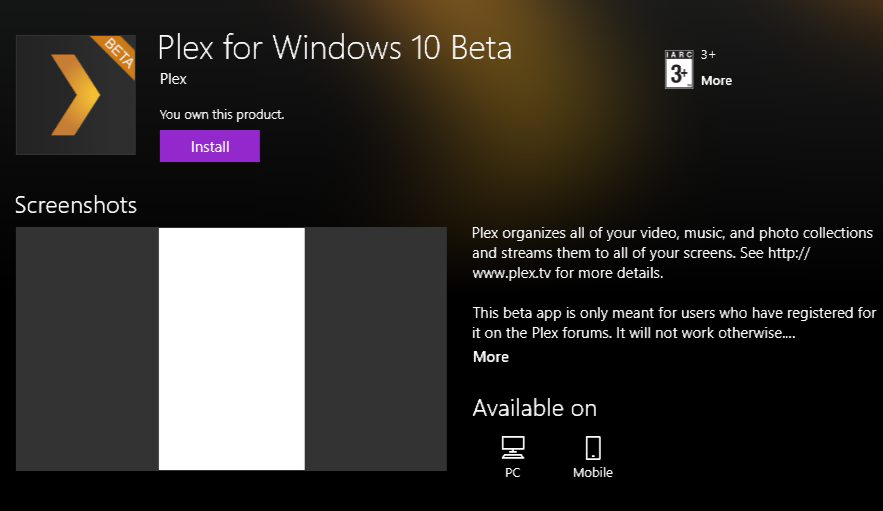 Plex beta app for Windows 10 Mobile