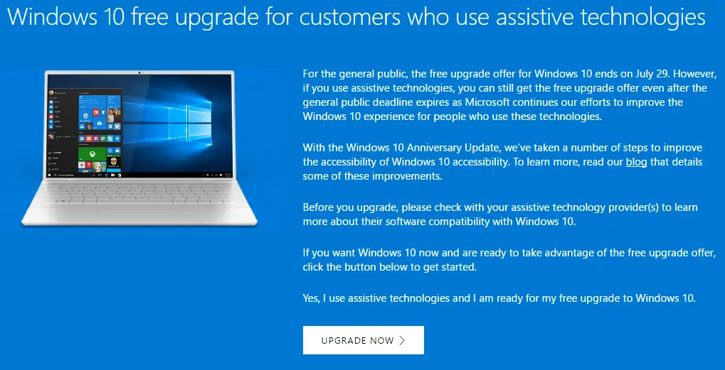 Microsoft will remove Windows 10 free Upgrade tool for Assistive Technologies