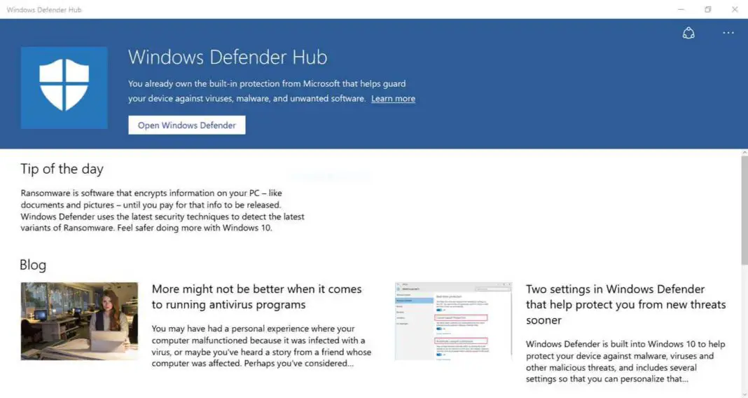 Windows Defender Hub app