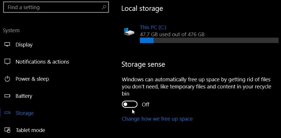 Windows 10 Storage sense