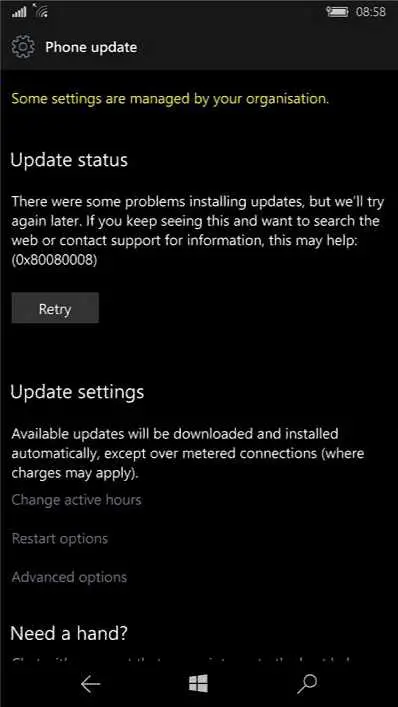Windows 10 Mobile Build 15025 Update Error 80080008