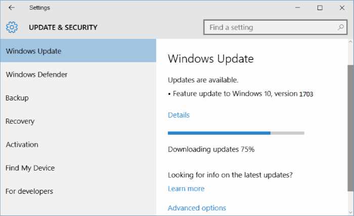 Windows 10 version 1703 download stuck
