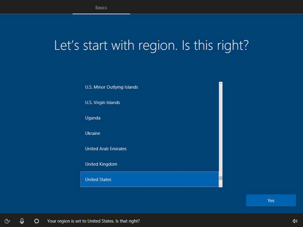 Select region setup screen