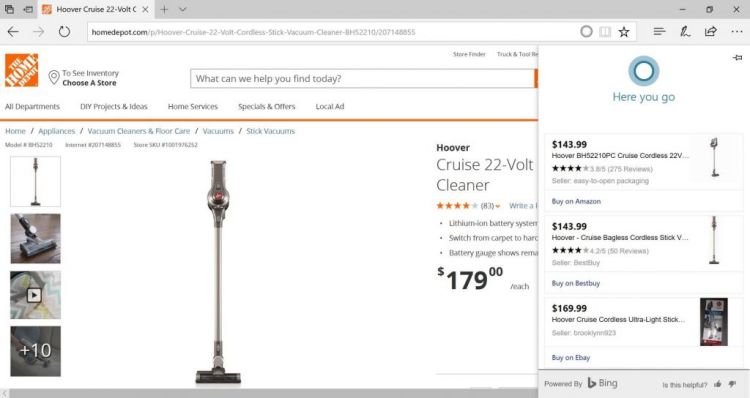 Cortana gets more shopping tips feature with in Microsoft Edge