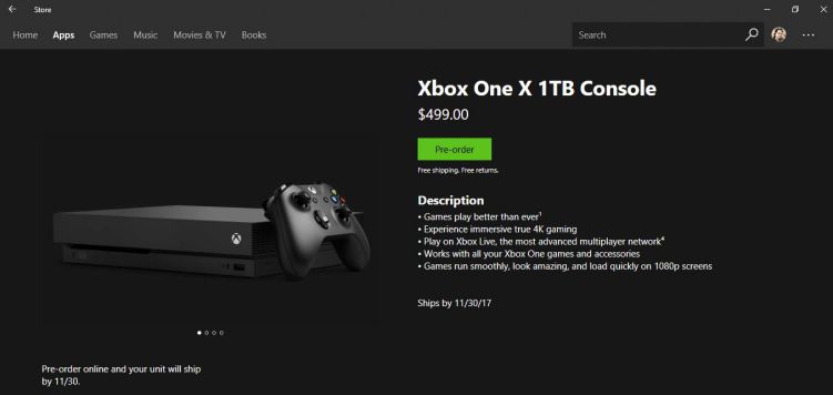 Xbox One X Preorders are now available in Windows Store