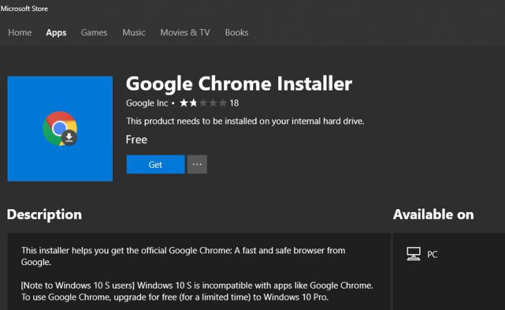 Google Chrome Installer from Windows Store